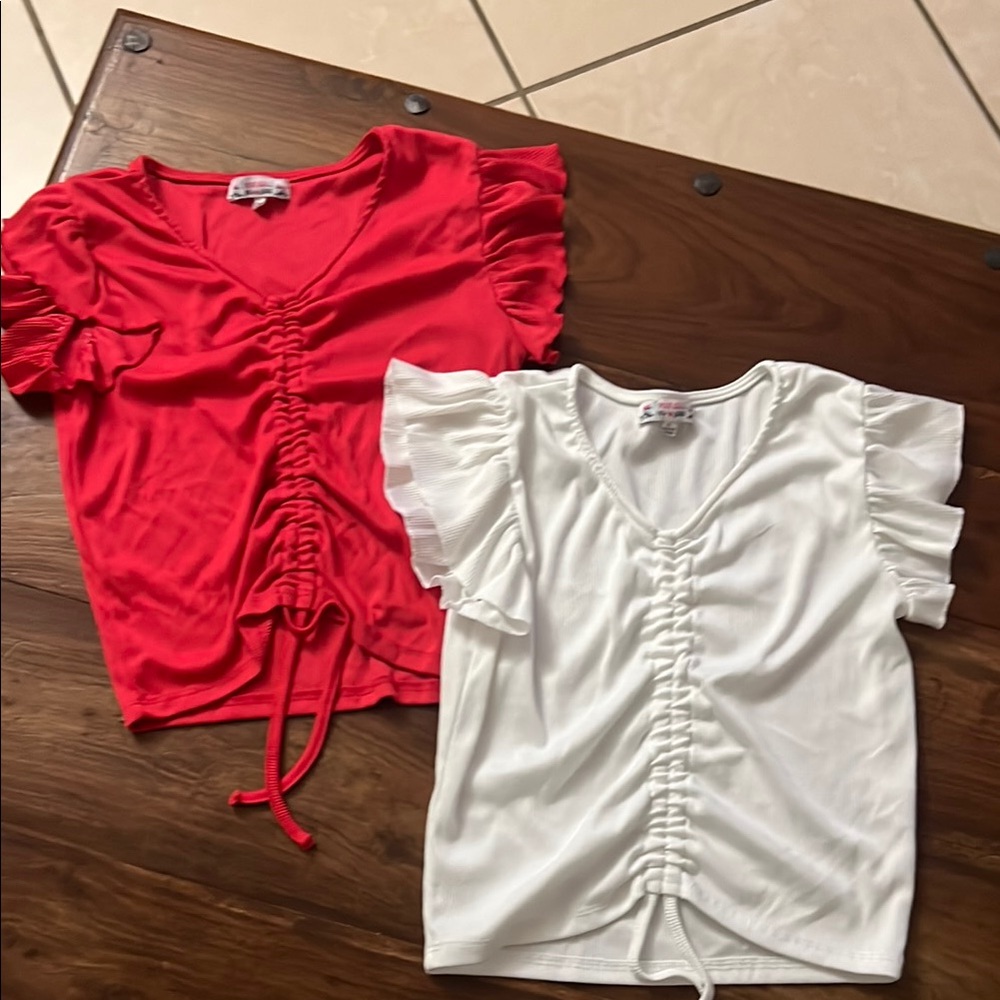 Poof Girl Red and White Ruched Short Sleeves tops